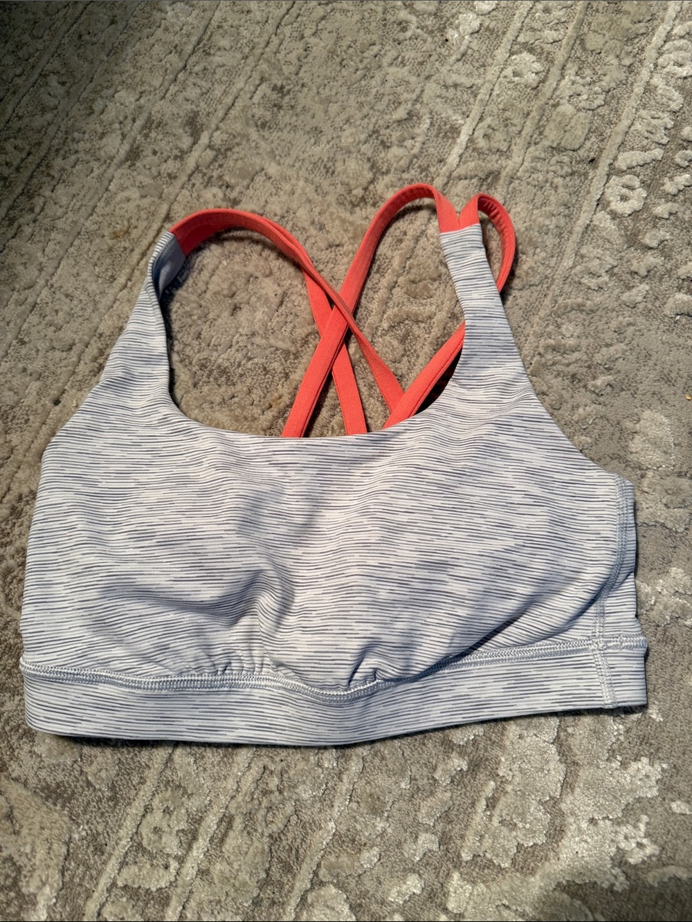 lululemon athletica Gray Striped Sports Bra with Coral Crossback Straps. Size 4